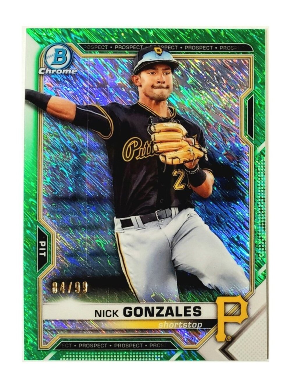 NICK GONZALES ROOKIE GREEN SHIMMER REFRACTOR SP /99 2021 BOWMAN CHROME, PIRATES